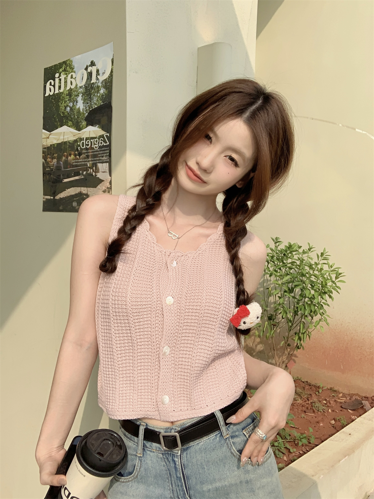Summer Korean-style lace collar single-breasted youthful short-sleeve knit V-neck top for women