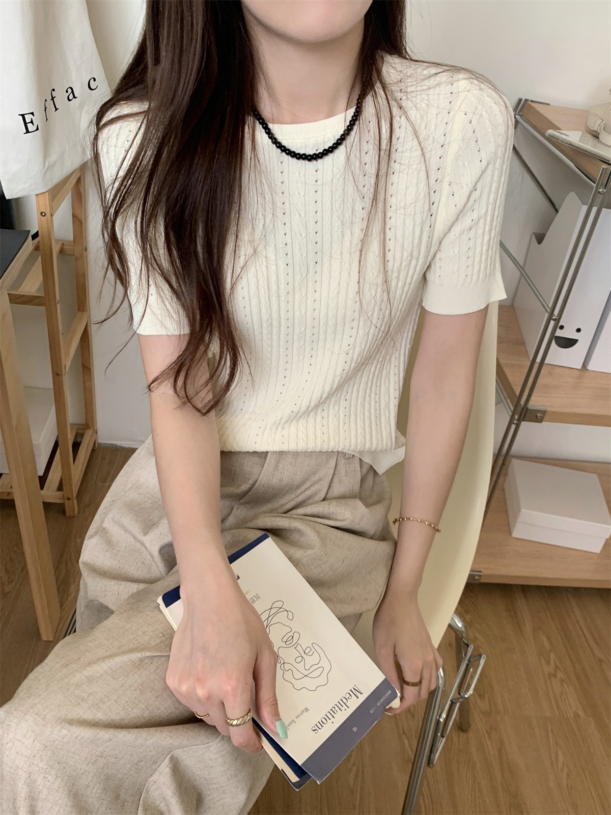實拍 夏季韓版圓領鏤空氣質輕薄純色針織短袖上衣女