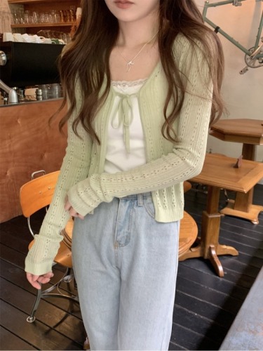 Photographed Summer Korean Version BM Tapered Elegant V-Neck Belted Open Knit Top for Women, Holes, Sun Protection, Outerwear