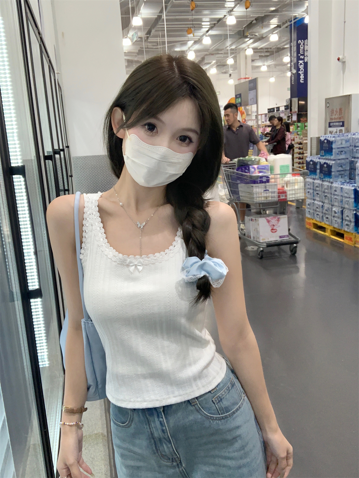 實拍 夏季韓版修身bm純欲花邊拼接設計感純棉吊帶T恤背心上衣