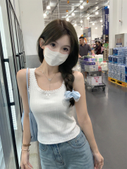 Summer Korean Style Slim Fit Pure Cotton Lace Trimmed Collared Tank Top