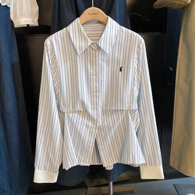 Casual striped shirt women's new Dongdaemun early autumn pleated design shirt small fresh blue top