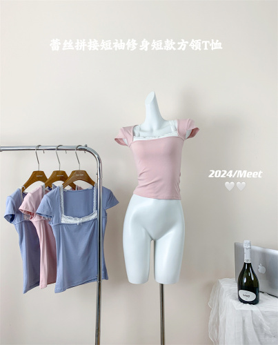 CallmeEar//恒温花房蕾丝拼接短袖T恤女夏季修身短款方领上衣