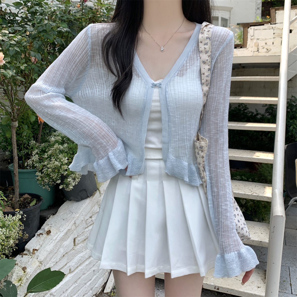 實拍 夏季韓版寬鬆v領木耳邊盤扣竹節麻防曬針織上衣開衫外搭