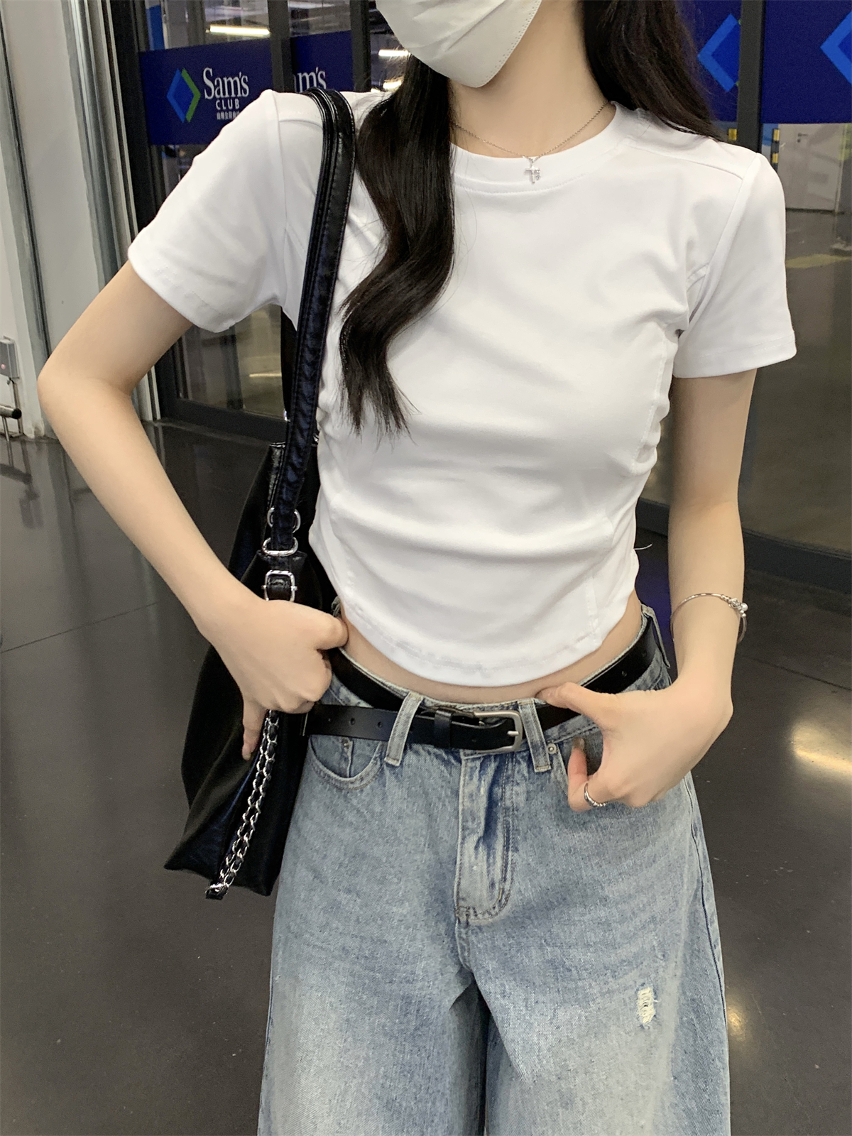 實拍 夏季韓版修身正肩魚骨褶皺百搭設計感純棉短袖上衣T恤女