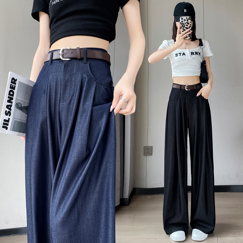 實拍天絲牛仔闊腿褲女夏季2024高腰垂感小個子涼涼冰絲直筒休閒褲