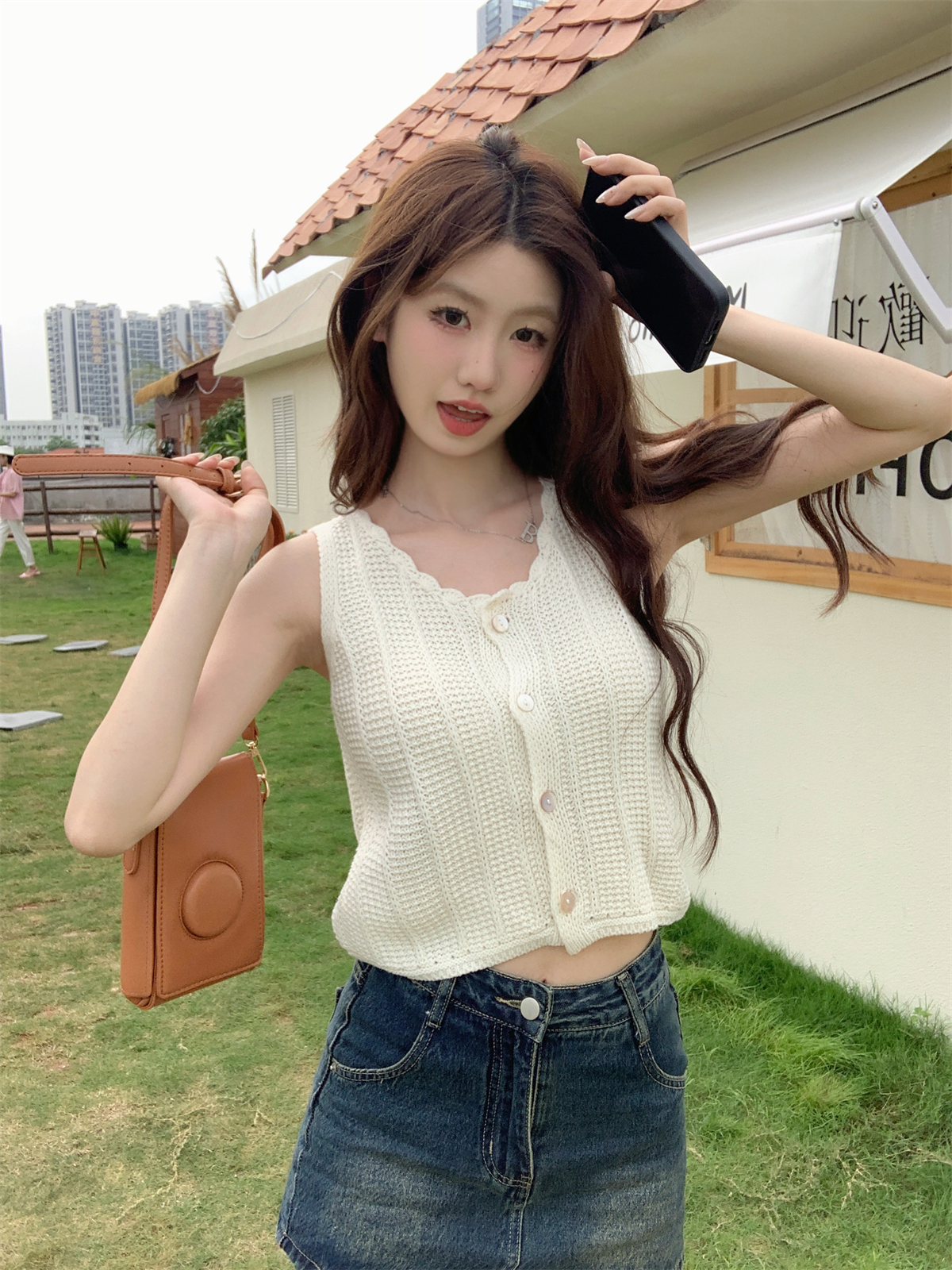 Summer Korean-style floral collar single-breasted belted youthful monochrome sleeveless knit blouses women's top