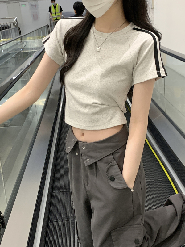 實拍 夏季韓版修身插肩槓條顯瘦百搭純棉短袖T恤上衣女