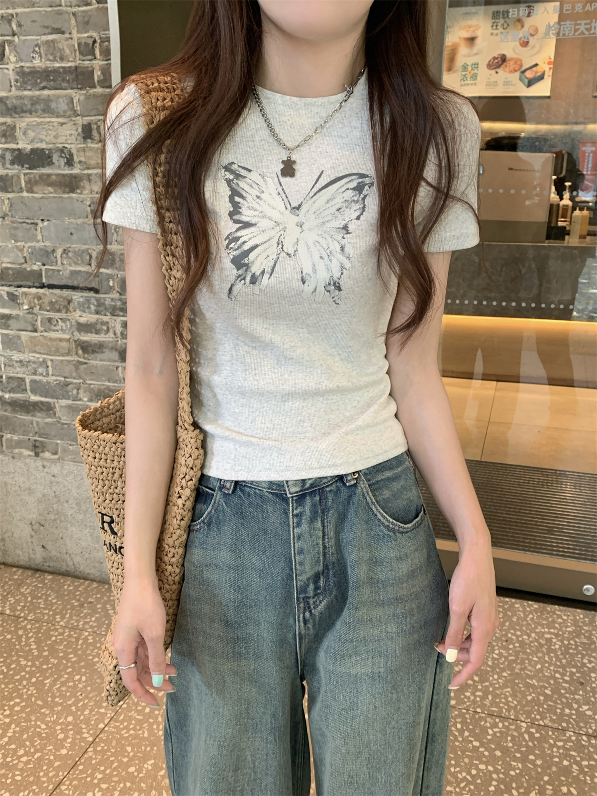 實拍 夏季韓版修身正肩圓領蝴蝶印花百搭純棉短袖T恤上衣女
