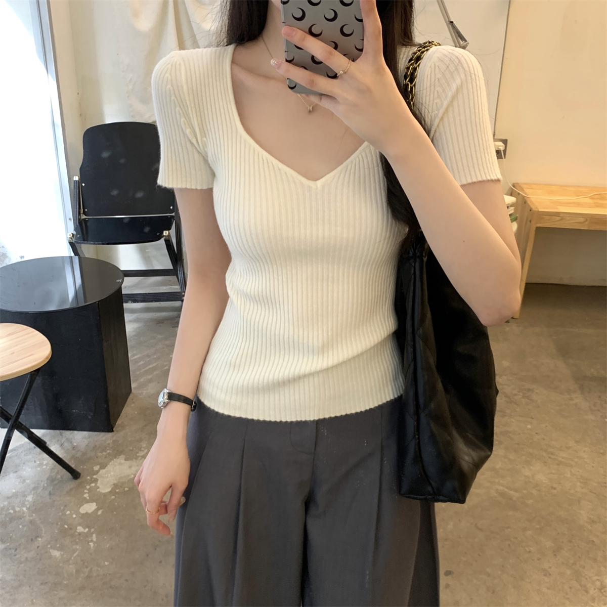 Photographed Summer Korean Style Fitted Elegant Solid Color Simple Versatile Andi Wool Knit Short Sleeve Top for Women