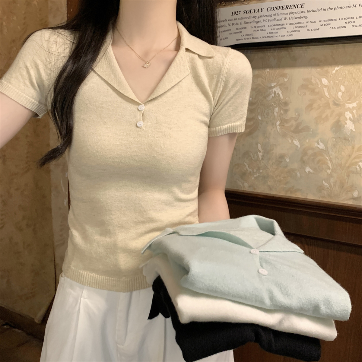 Photographed Summer Korean Style Fitted Charming Suit Collar Button Design Ankle Wool Knit Short-Sleeve Top