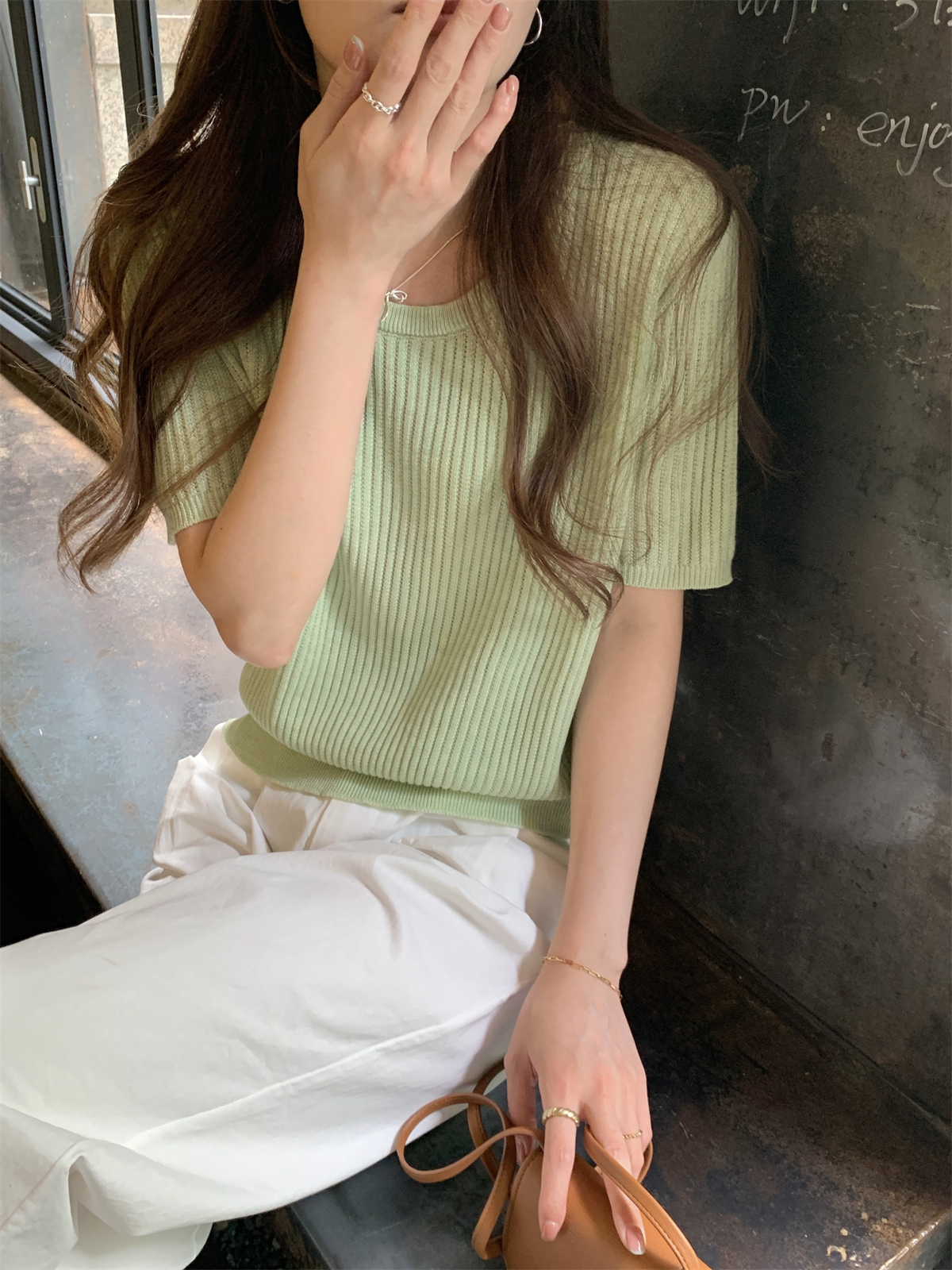 實拍 夏季韓版寬鬆氣質u領百搭輕薄6羊毛針織短袖上衣女