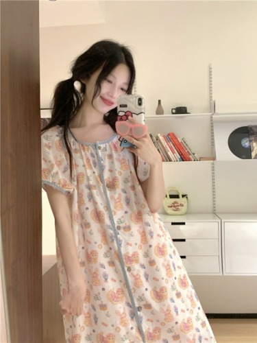 Real shot of Korean cartoon loose cotton contrasting color lace comfortable summer home wear short-sleeved suit dress