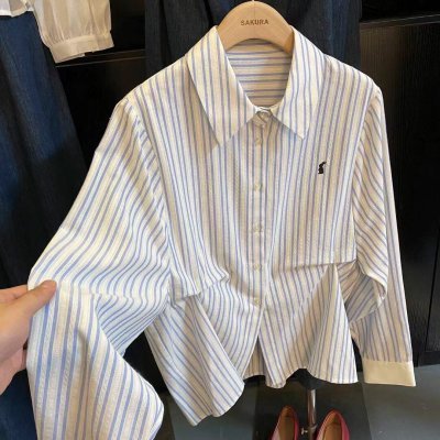 Casual striped shirt women's new Dongdaemun early autumn pleated design shirt small fresh blue top