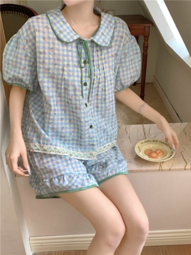 Real shot of Korean style cute contrasting color hemmed loose doll collar lace summer short-sleeved shorts for home wear