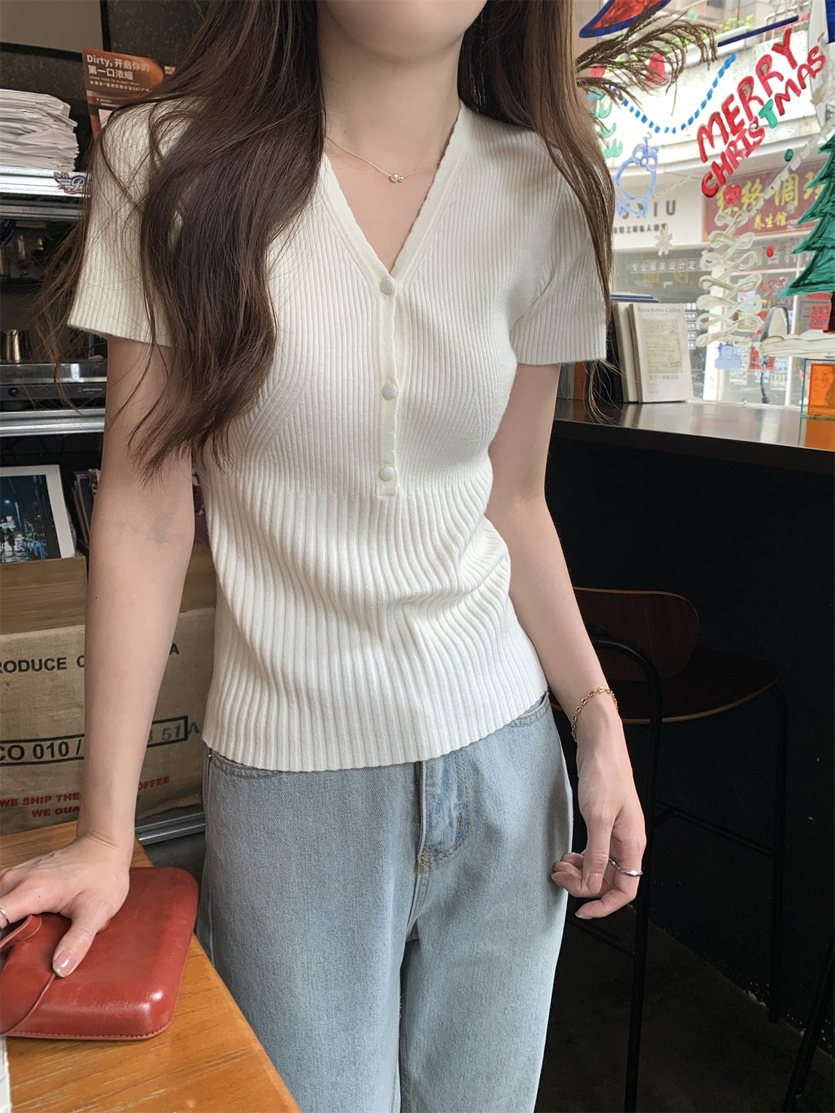 實拍 夏季韓版修身氣質v領顯瘦安迪絨針織短袖上衣女