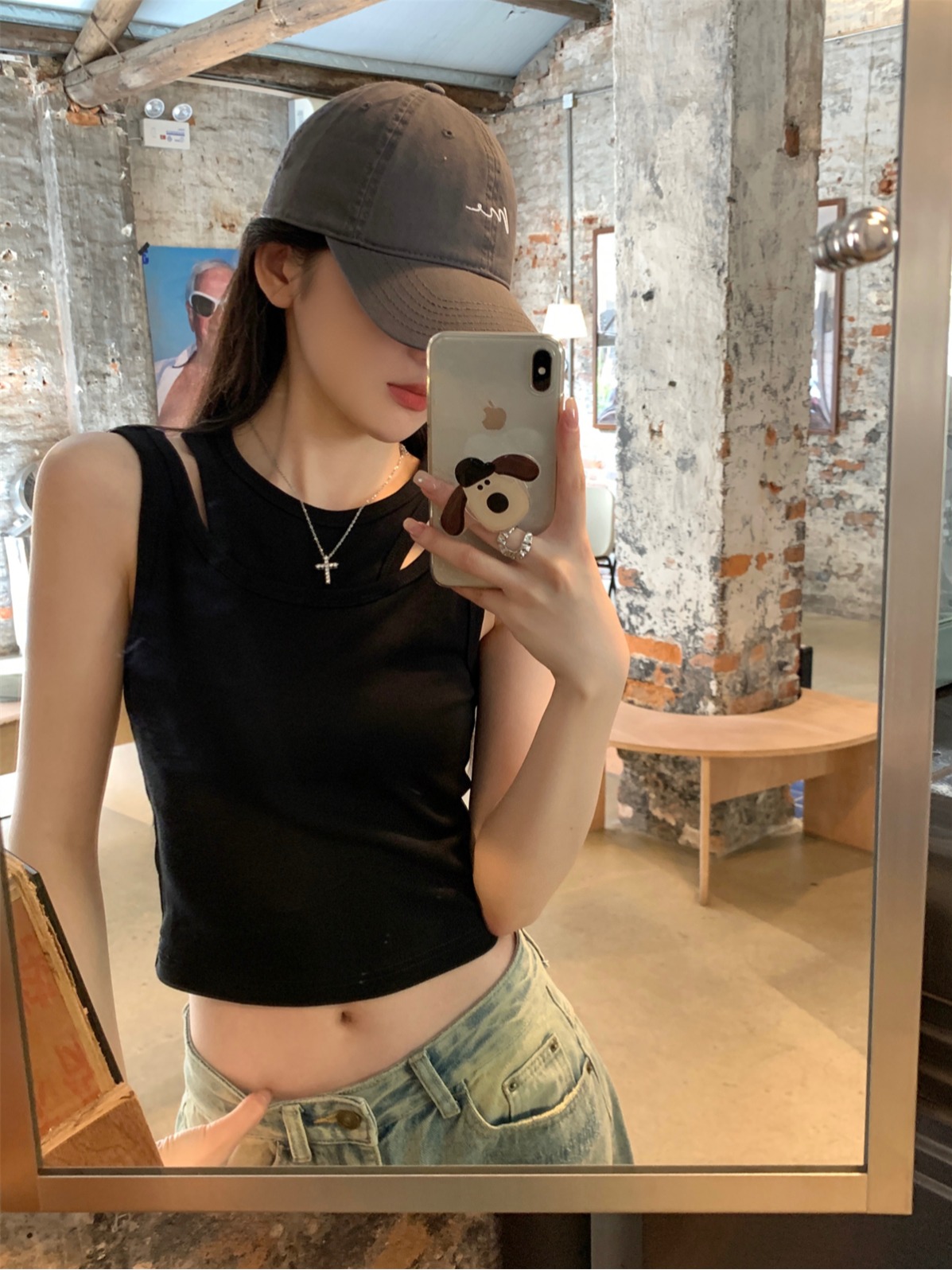 Actual shot of summer Korean style slim fit splicing fake two-piece slim and versatile short T-shirt vest top for women