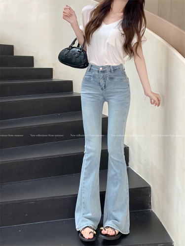 Actual shot~Summer new style high-waist slim washed light blue slightly flared jeans