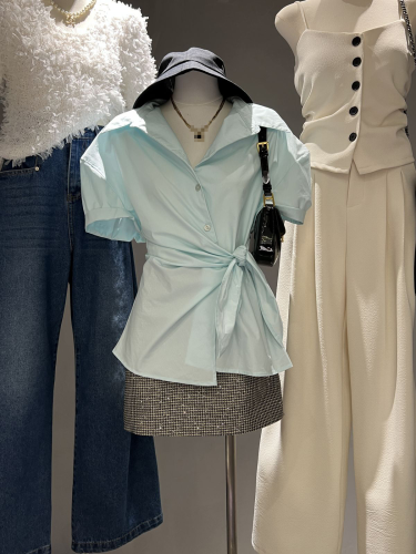 十三行夏装女2024新款不规则设计感绑带收腰上衣polo领泡泡袖衬衫