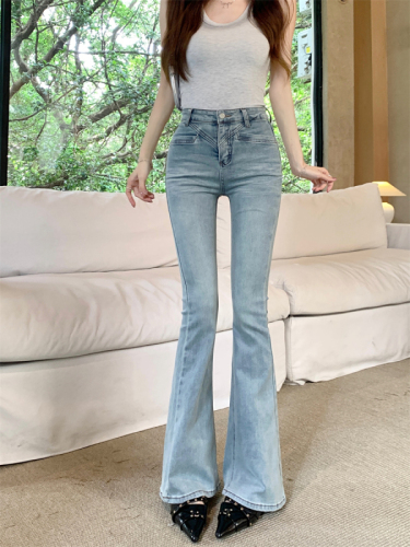 Actual shot~Summer new style high-waist slim washed light blue slightly flared jeans