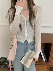 實拍 夏季韓版v領純色簡約竹節麻防曬開衫針織上衣外搭女