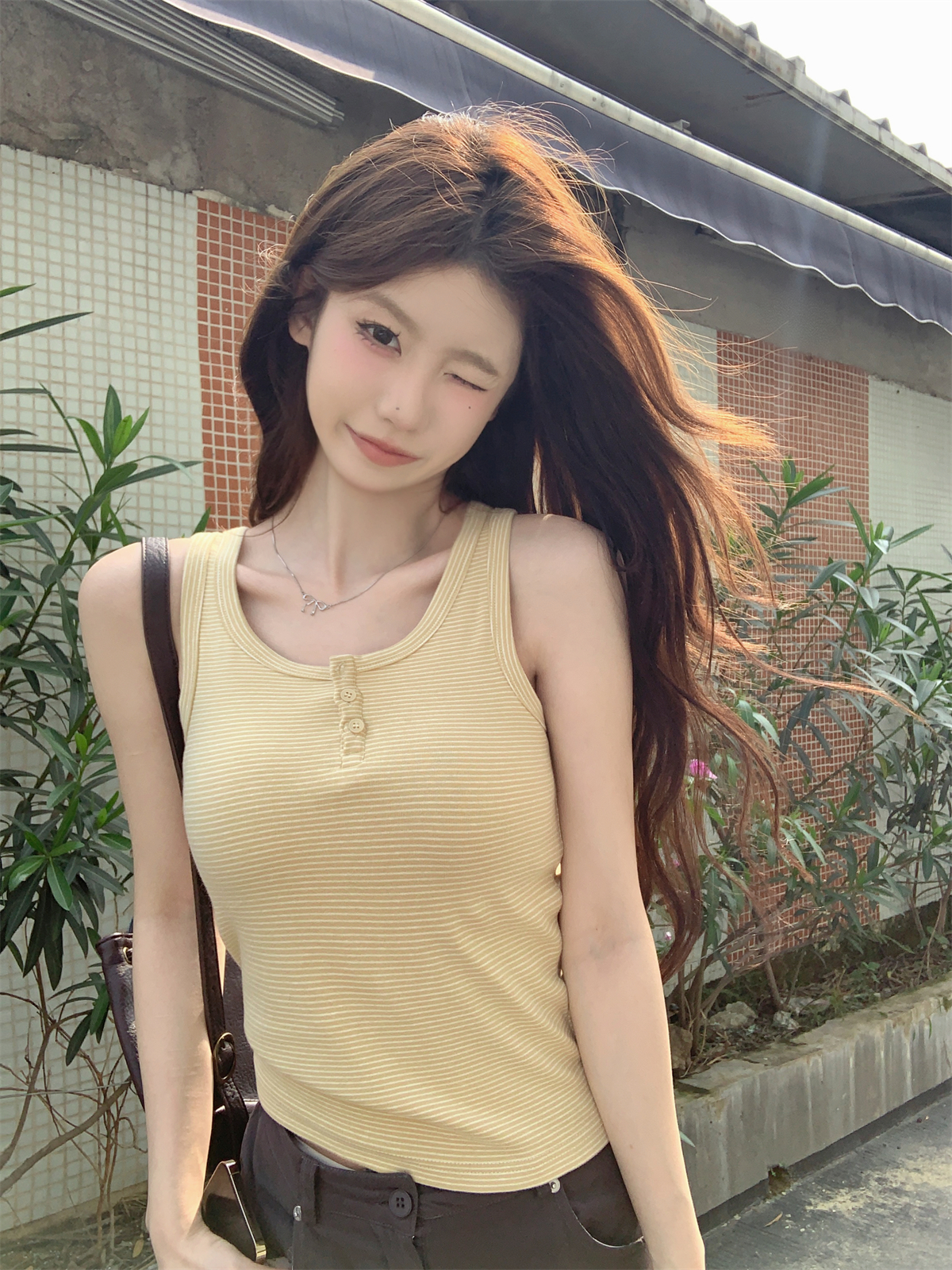 Real shot Korean style summer slim fit bm button contrast stripes age-reducing all-match pure cotton T-shirt vest top for women
