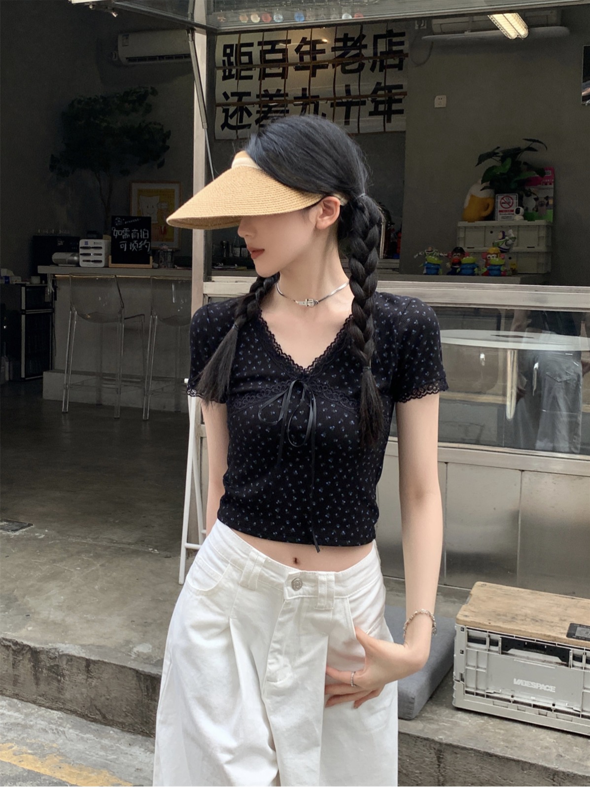 實拍 夏季韓版bm修身v領蕾絲拼接減齡碎花純棉短袖T恤上衣女