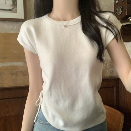 春夏韩版圆领纯色抽褶显瘦冰丝针织短袖上衣女