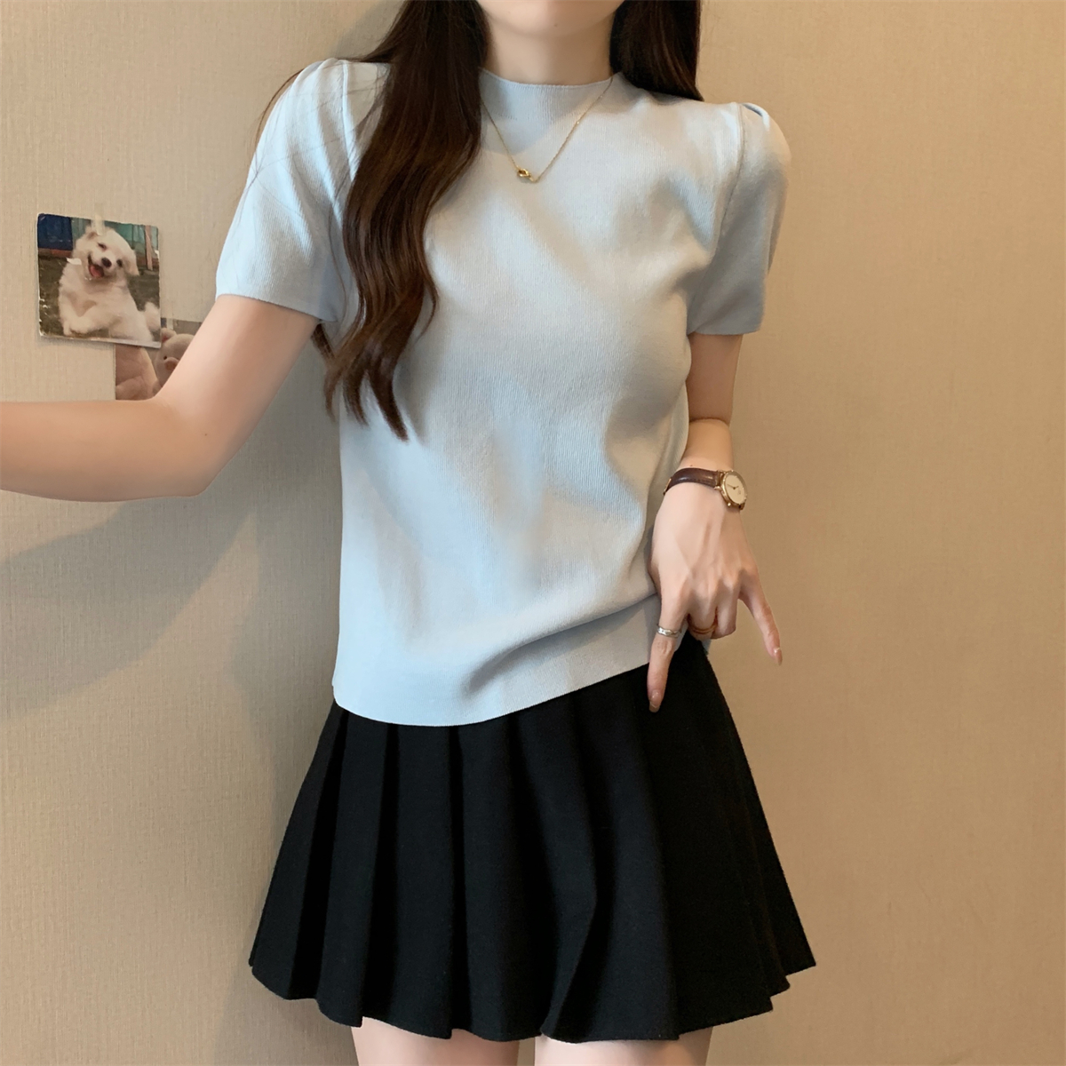 實拍 夏季韓版氣質泡泡袖純色簡約百搭針織短袖上衣女