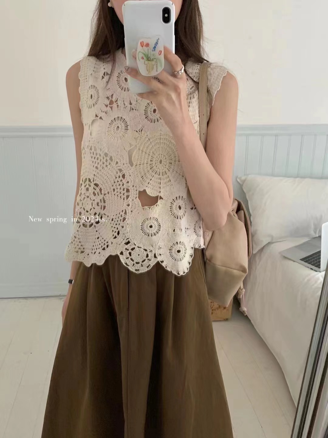 French flower niche design high-end hollow sleeveless vest women's summer short lace crochet top