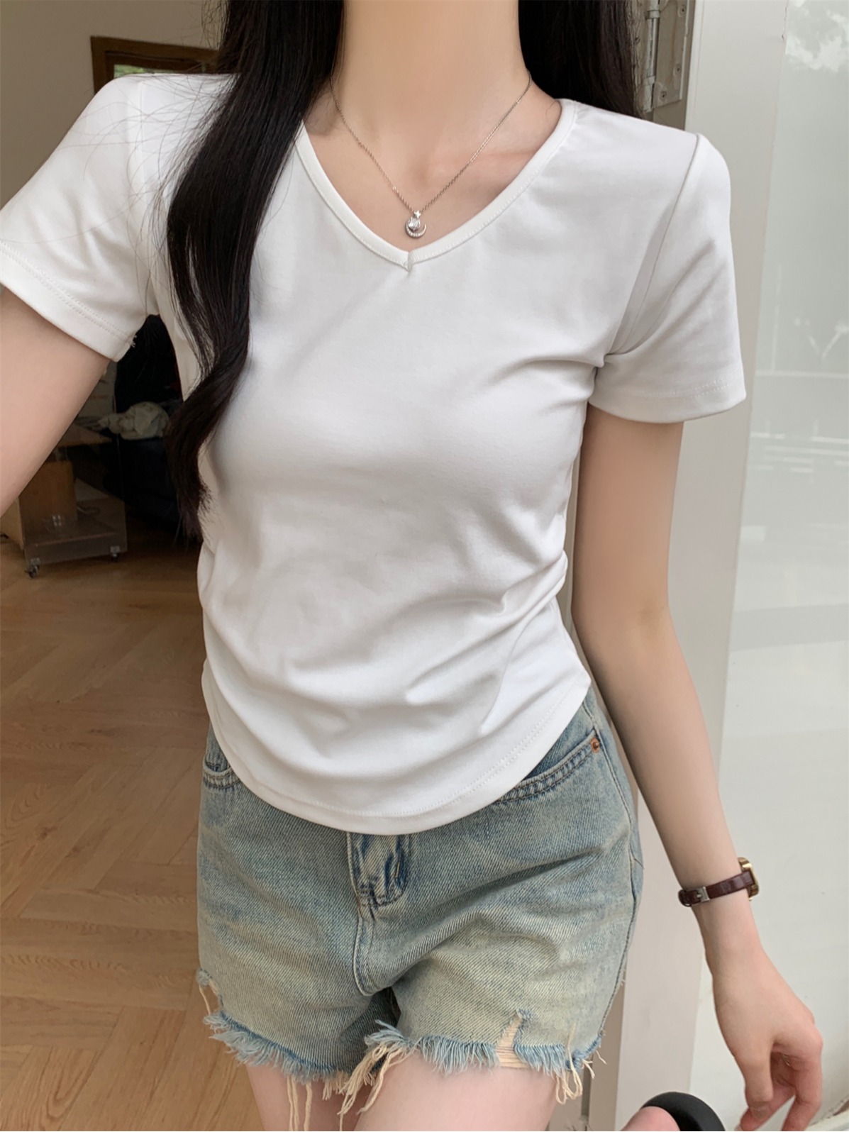 實拍 夏季韓版修身v領簡約百搭褶皺顯瘦純棉短袖T恤上衣女