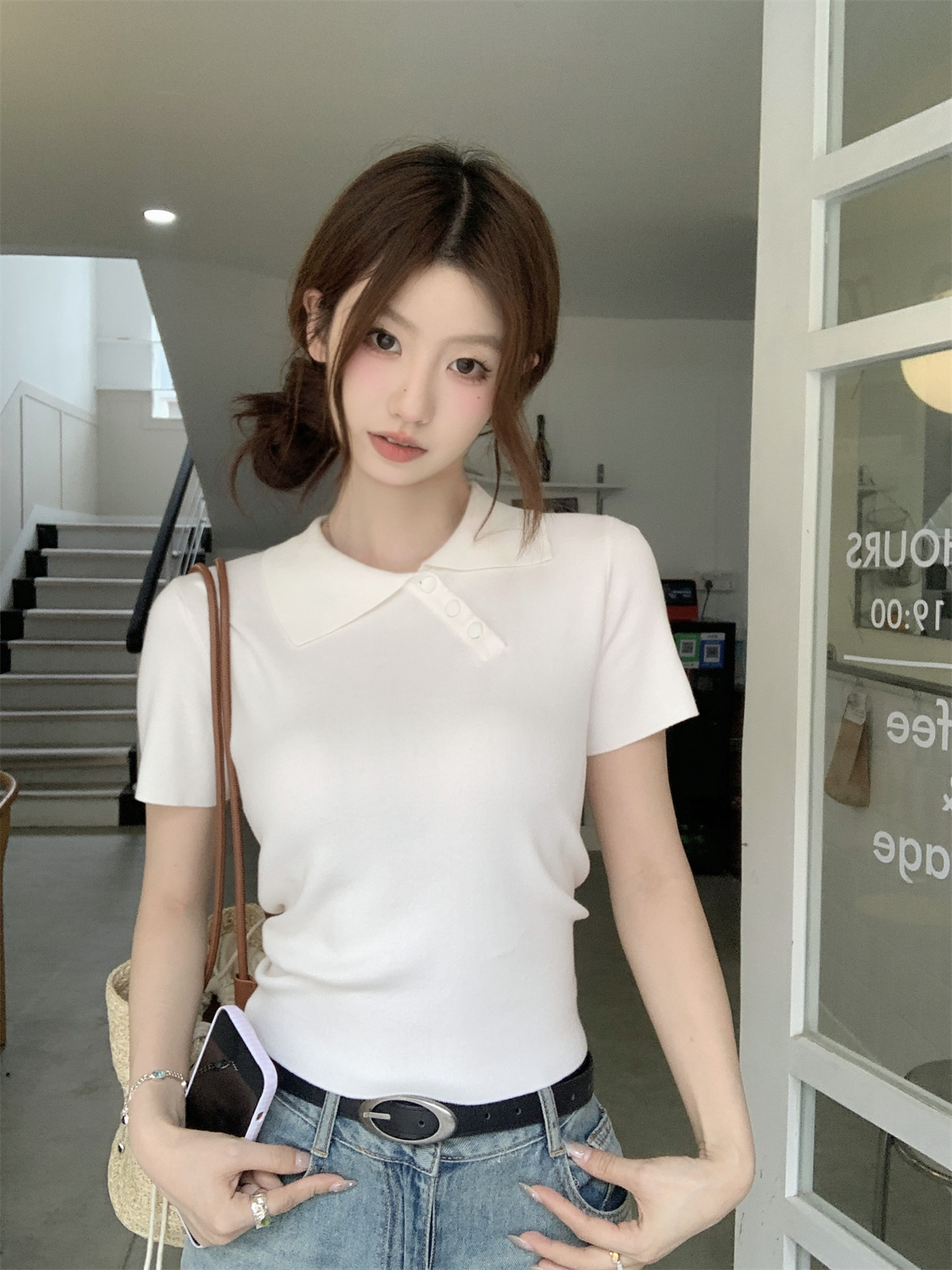 實拍 夏季韓版修身polo領不規則紐扣減齡設計針織短袖衫上衣