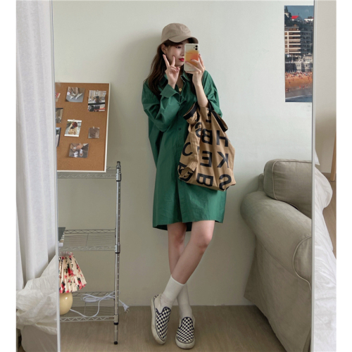 Three standards, new loose and versatile simple mid-length long-sleeved shirt dress