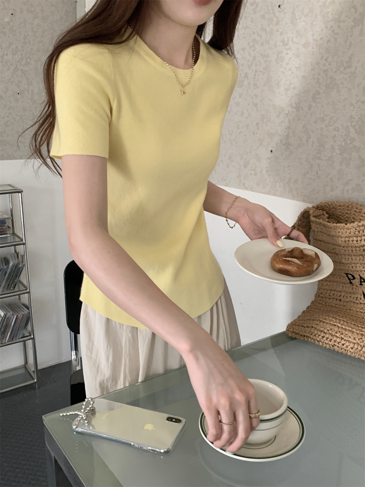 Photographed Summer Korean Version Slimming Elegant Simple Versatile Monochrome Andy Wool Knit Short Sleeve Top