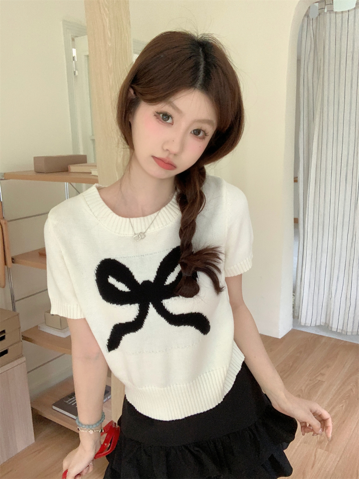 Summer Korean-style versatile round-neck bow print youthful high-end knit short-sleeve top