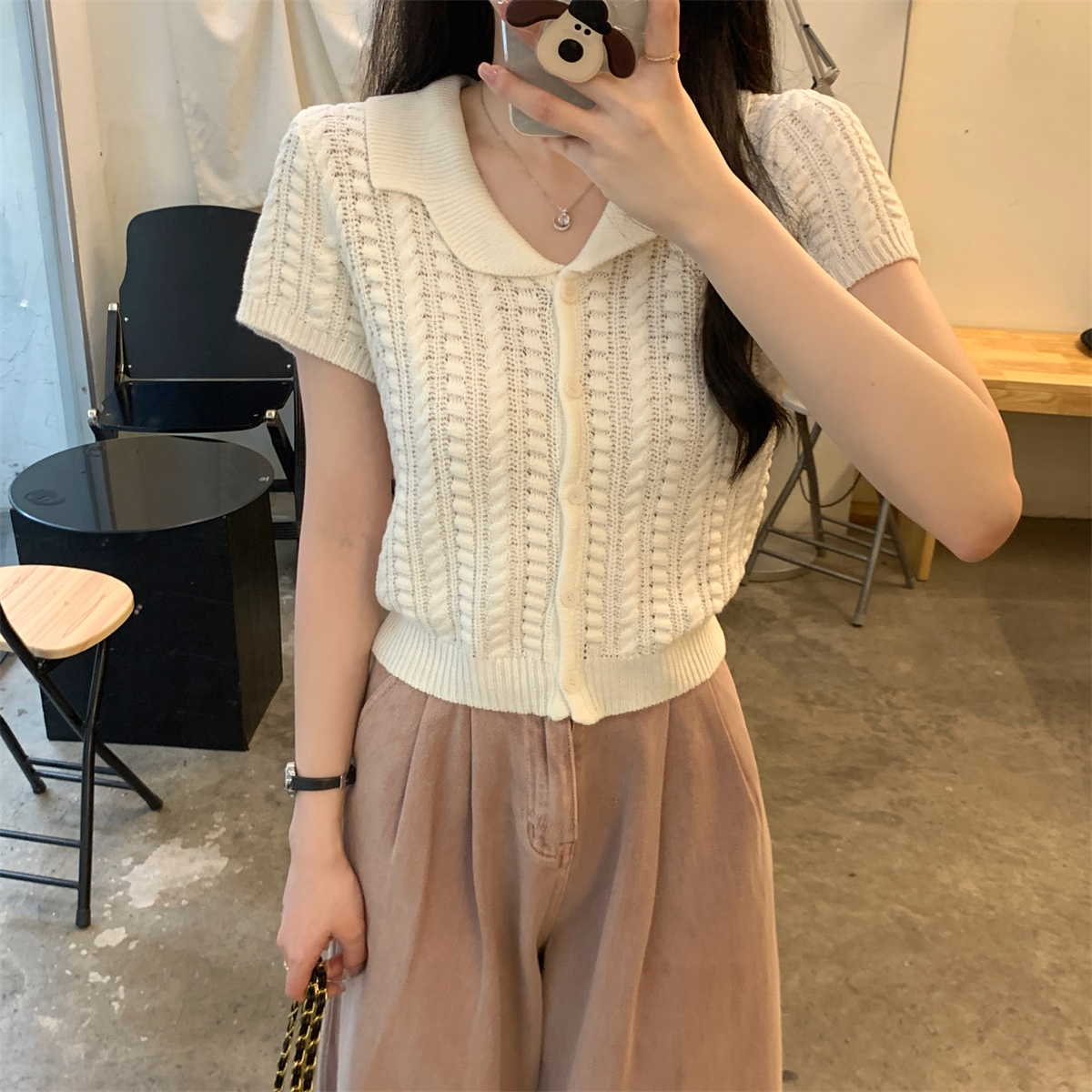 實拍 夏季韓版娃娃領減齡設計感單排扣百搭針織開衫上衣女