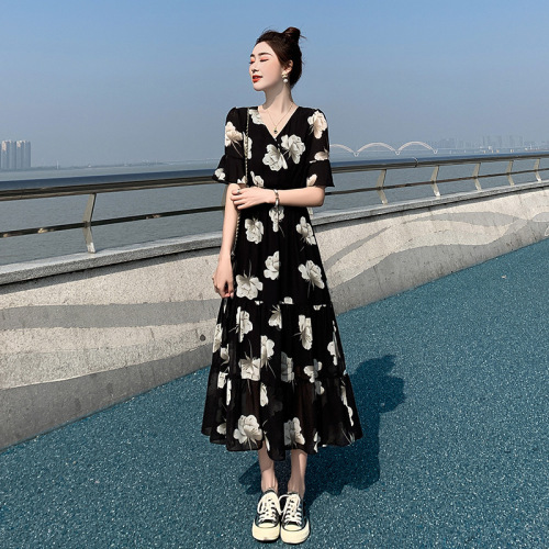 2024 new summer loose sisters women's small flower long skirt slim bell sleeve holiday floral dress for women