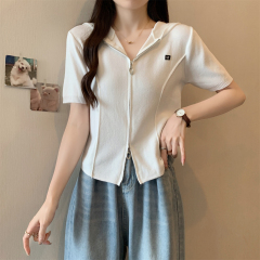 實拍 夏季韓版連帽魚骨雙拉鏈開衫設計感針織短袖上衣