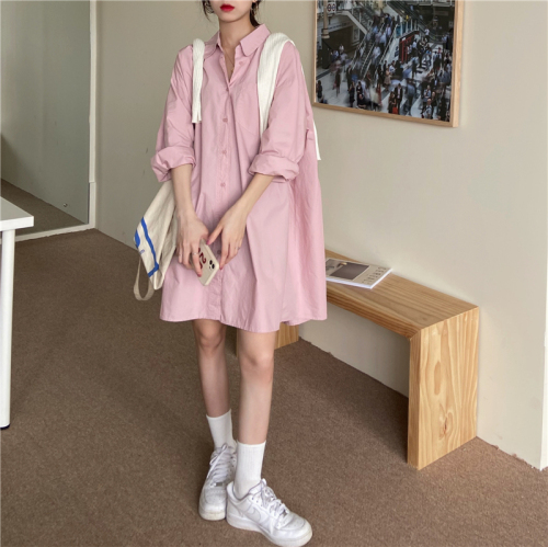 Three standards, new loose and versatile simple mid-length long-sleeved shirt dress