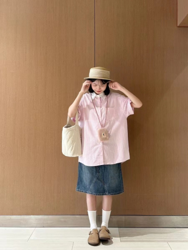 官图日系夏季新款拼接粉色条纹短袖衬衫女学院风小个子宽松衬衣潮