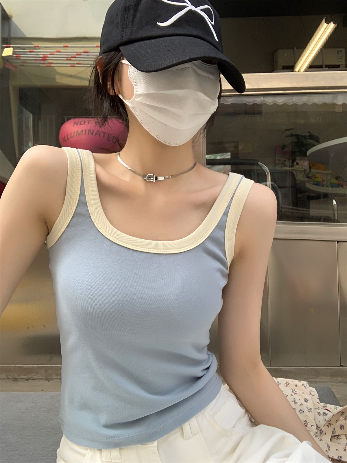 Actual shot of summer Korean style square collar contrasting color with chest pad slimming I-shaped versatile vest T-shirt top for women