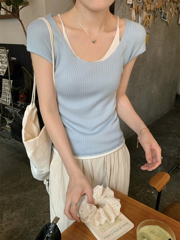 實拍 夏季韓版修身氣質掛脖撞色假兩件輕薄6羊毛針織短袖上衣