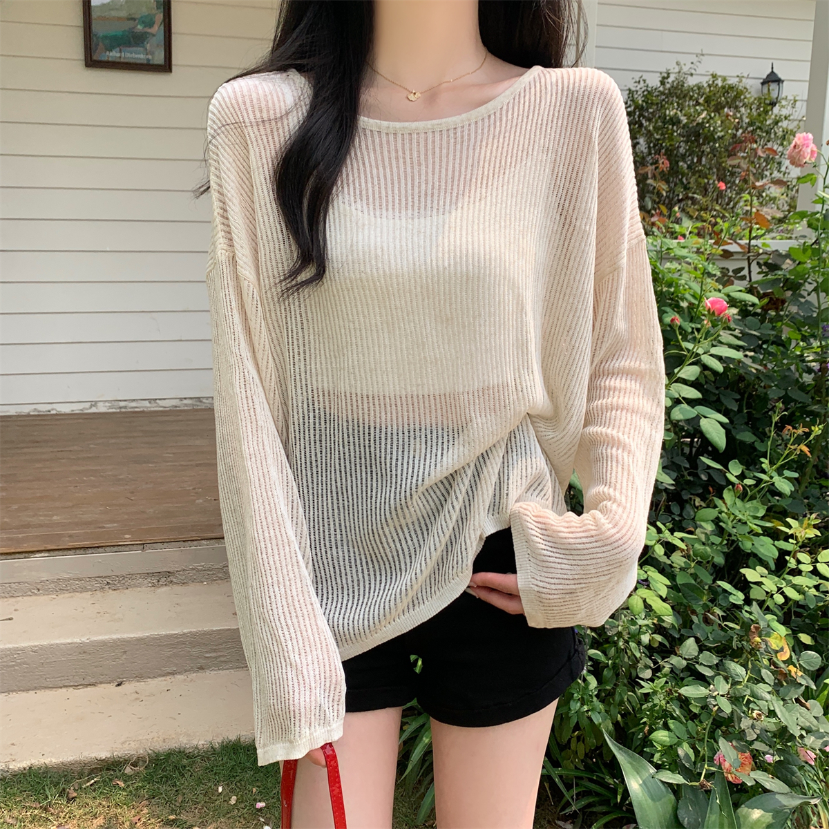 Photographed Summer Korean Style Loose Solid Color Versatile Bamboo Node Linen Sun Protective Thin Sweatshirt Knit Top