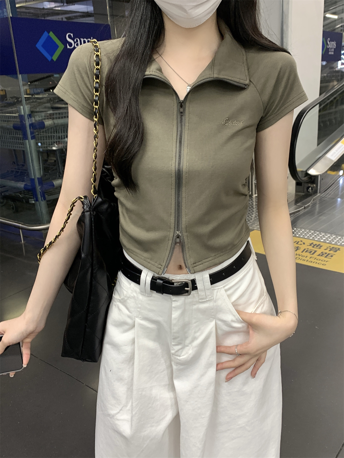 實拍 夏季韓版修身氣質polo領插肩雙拉鏈純棉短袖T恤開衫上衣