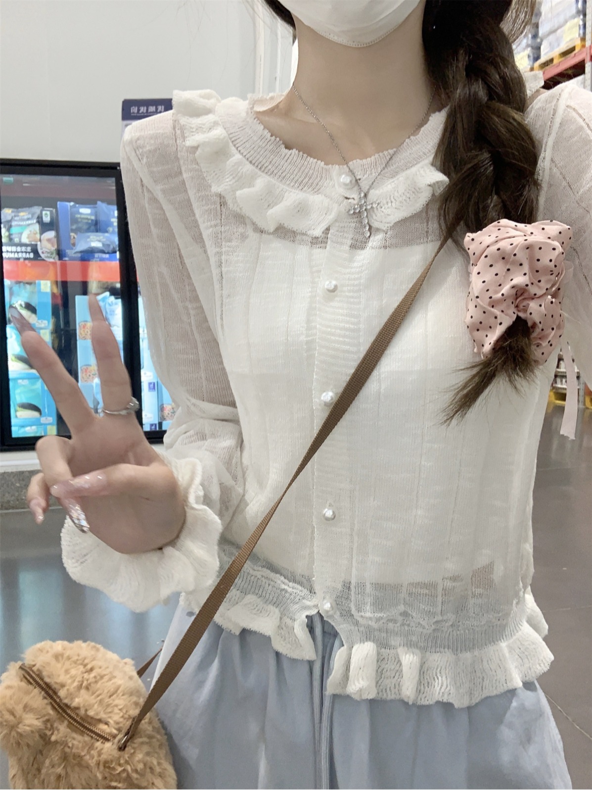 實拍 夏季韓版甜美娃娃領開衫減齡竹節麻防曬針織上衣外搭女