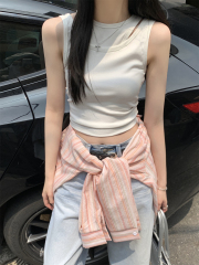 Actual shot of summer Korean style slim-fitting fake two-piece sweet and spicy solid color versatile T-shirt vest top for women