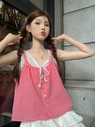 Real shot of Korean style fake two-piece lace splicing sleeveless plaid camisole women's summer top