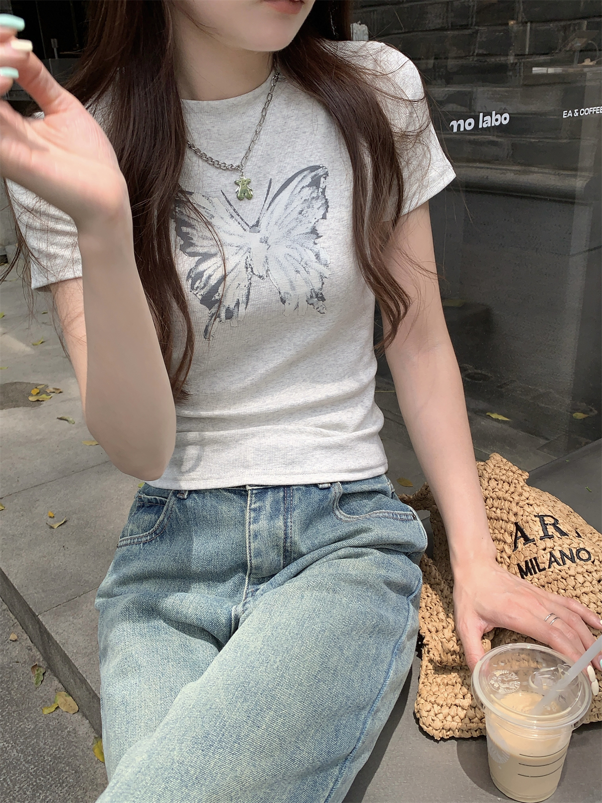 實拍 夏季韓版修身正肩圓領蝴蝶美式印花純棉短袖T恤上衣女