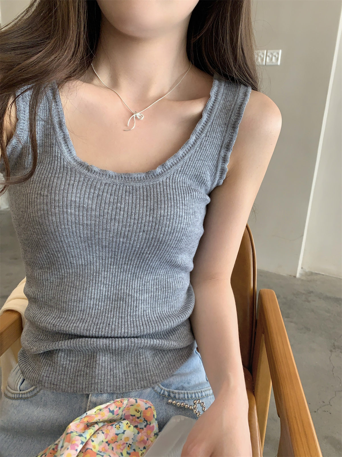 實拍 夏季韓版工字型氣質木耳邊6羊毛修身針織無袖背心上衣女