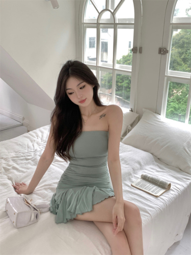 Real shot ~ hot girl sexy tube top pleated elastic slim dress female slimming hip skirt